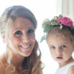 bridal hairstyle side swept with veil and flower girl hairstyle with floral crown