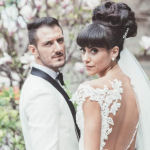 bridal updo with bangs